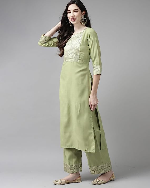 Pista Color Women Yoke Design Kurta Set