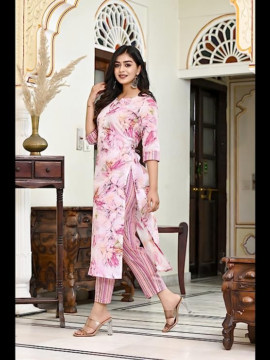 Light Pink Floral Print Cotton Premium Kurta