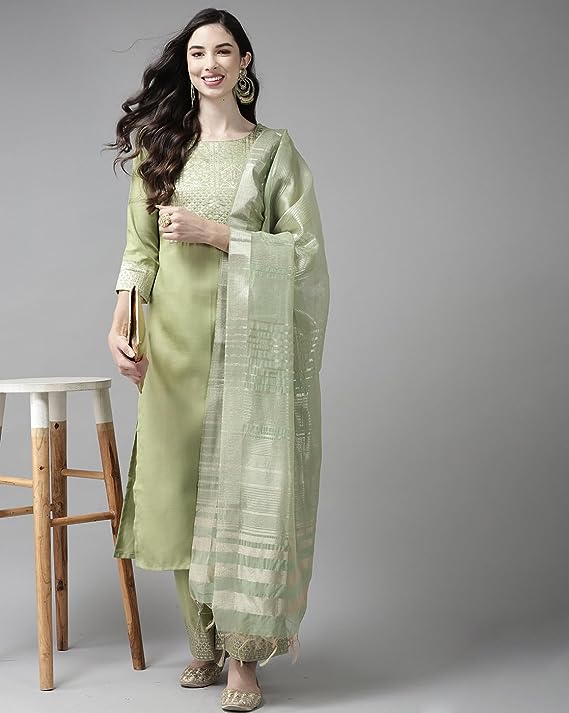 Pista Color Women Yoke Design Kurta Set