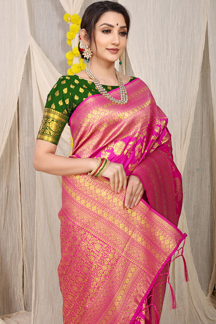 Pink Banarasi Silk Saree with Rich Golden Zari and Contrast Green Blouse