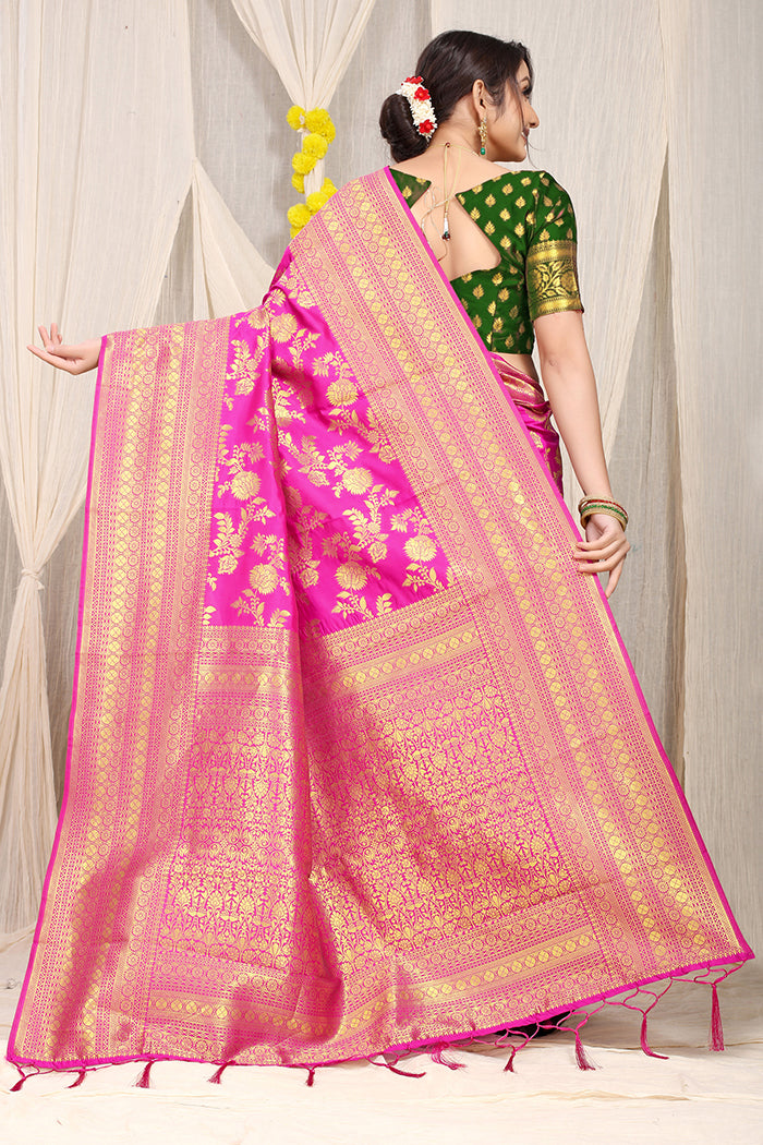 Pink Banarasi Silk Saree with Rich Golden Zari and Contrast Green Blouse