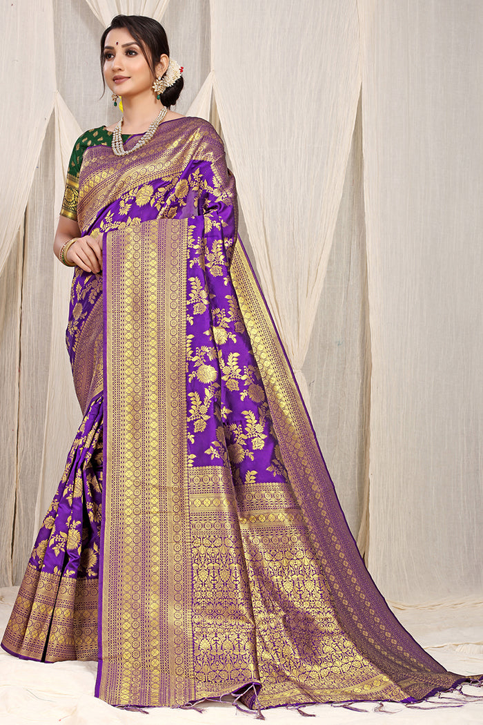 Royal Purple Banarasi Silk Saree with Golden Zari and Green Contrast Blouse