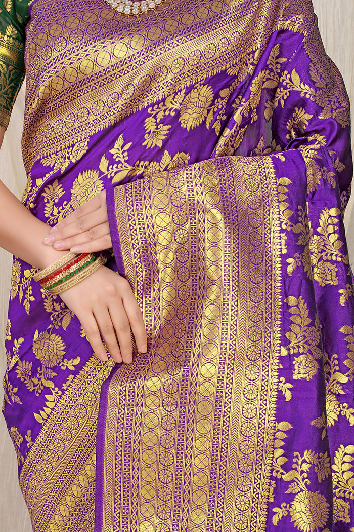 Royal Purple Banarasi Silk Saree with Golden Zari and Green Contrast Blouse