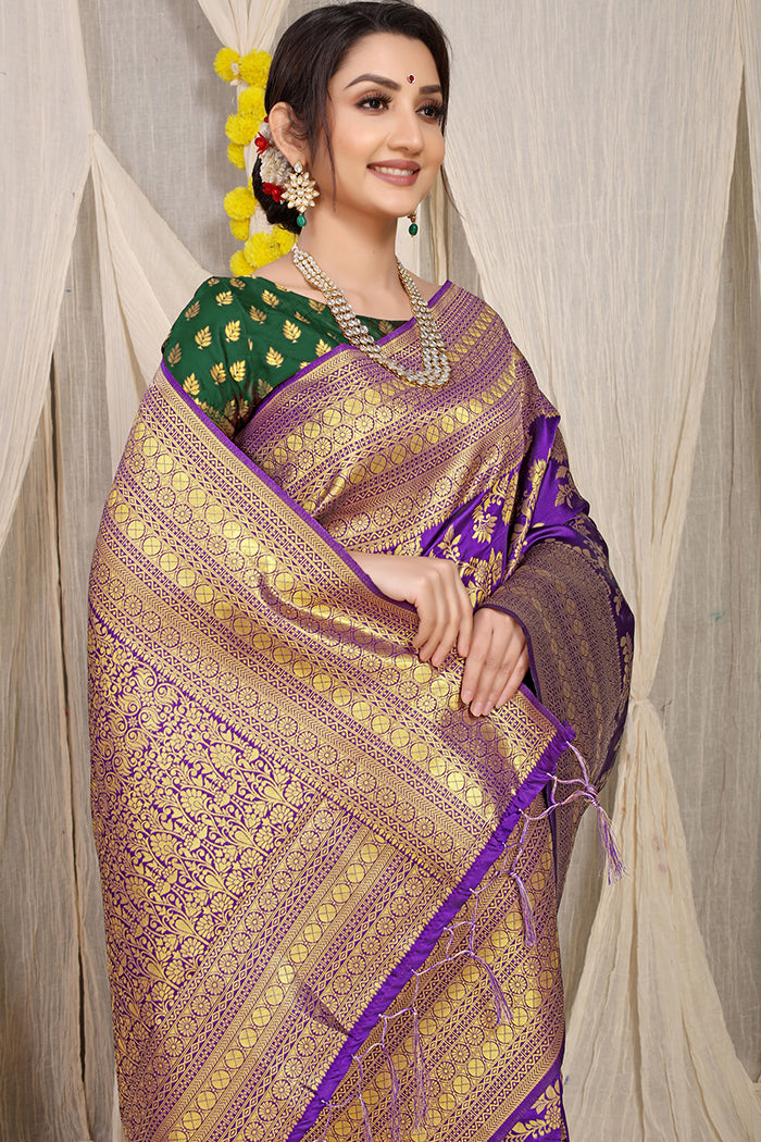 Royal Purple Banarasi Silk Saree with Golden Zari and Green Contrast Blouse