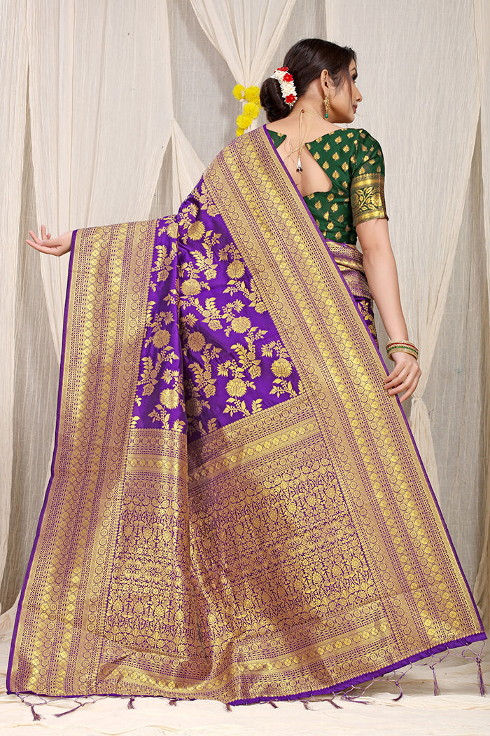 Royal Purple Banarasi Silk Saree with Golden Zari and Green Contrast Blouse