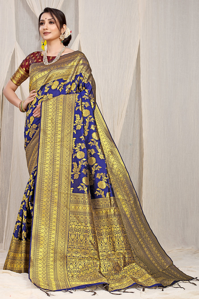 Royal Blue Banarasi Silk Saree with Golden Zari Work and Maroon Contrast Blouse