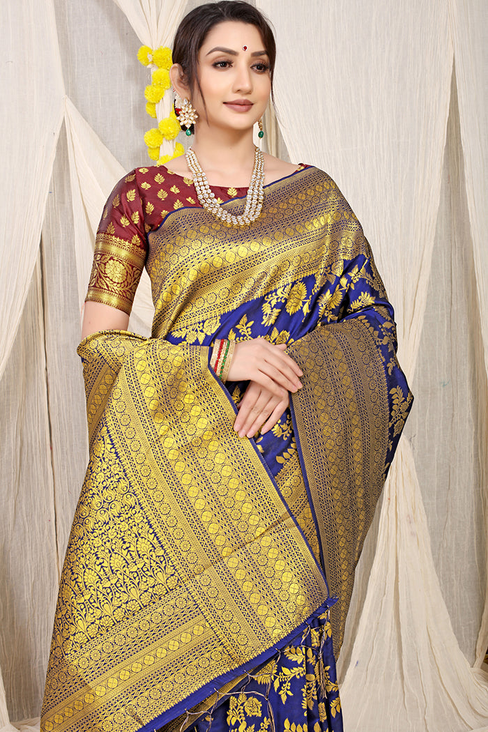 Royal Blue Banarasi Silk Saree with Golden Zari Work and Maroon Contrast Blouse