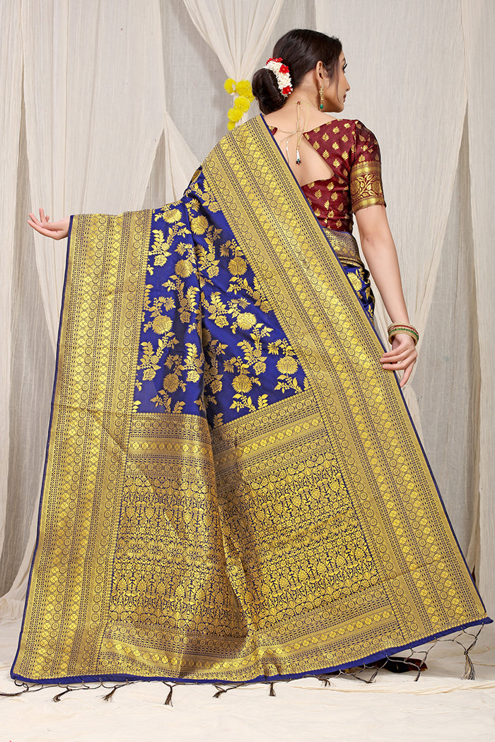 Royal Blue Banarasi Silk Saree with Golden Zari Work and Maroon Contrast Blouse