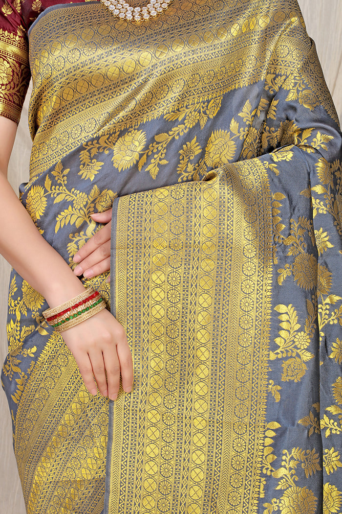 Elegant Grey Banarasi Silk Saree with Golden Zari and Maroon Contrast Blouse