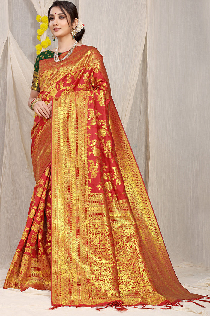 Red Banarasi Silk Saree with Heavy Golden Zari and Green Blouse