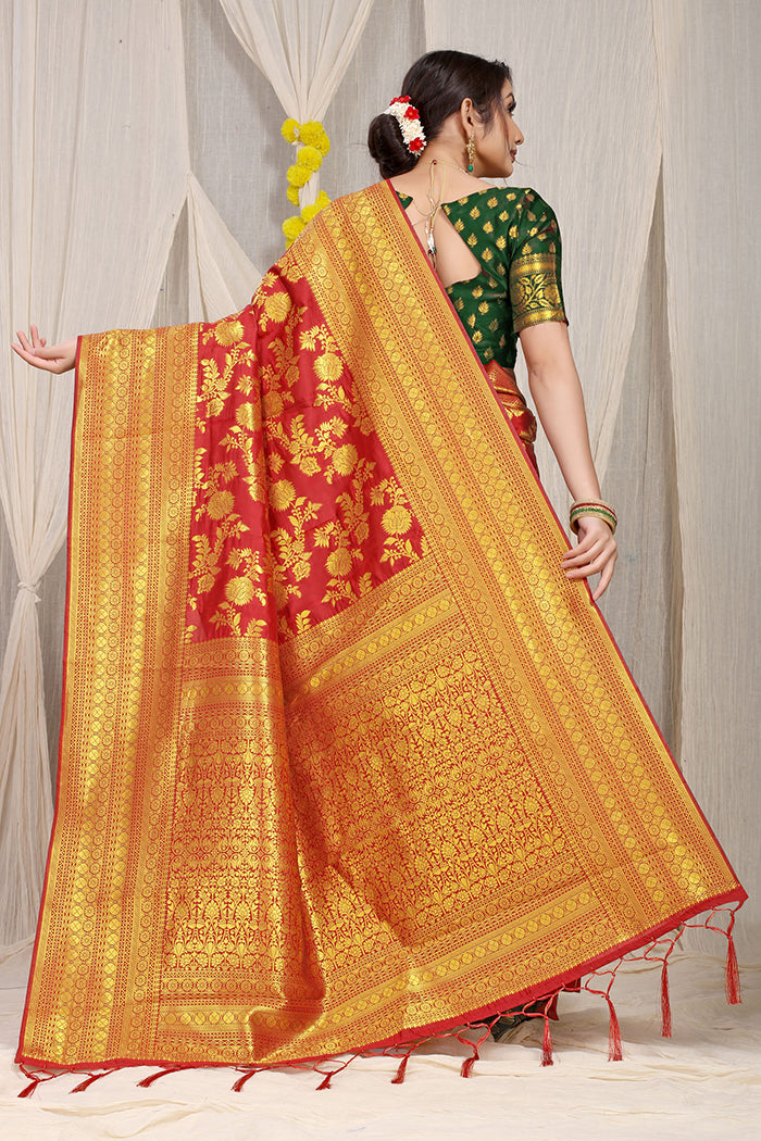 Red Banarasi Silk Saree with Heavy Golden Zari and Green Blouse