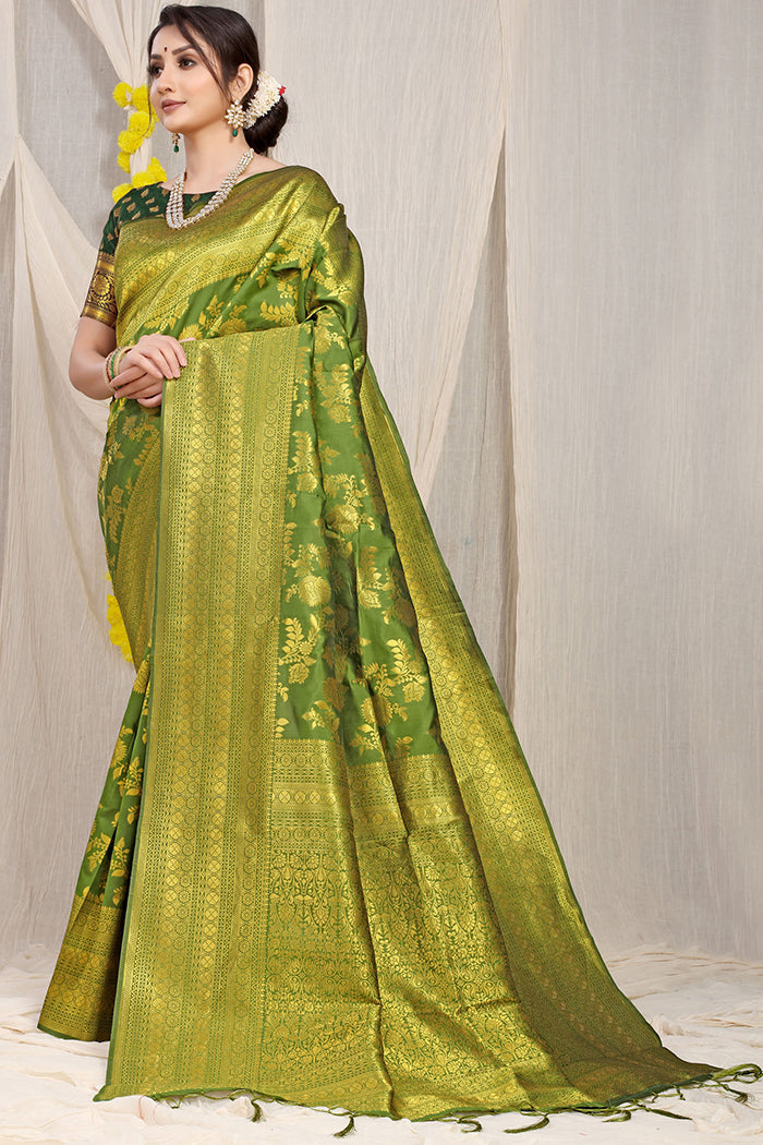 Green Banarasi Silk Saree with Rich Golden Zari Work and Brocade Pallu