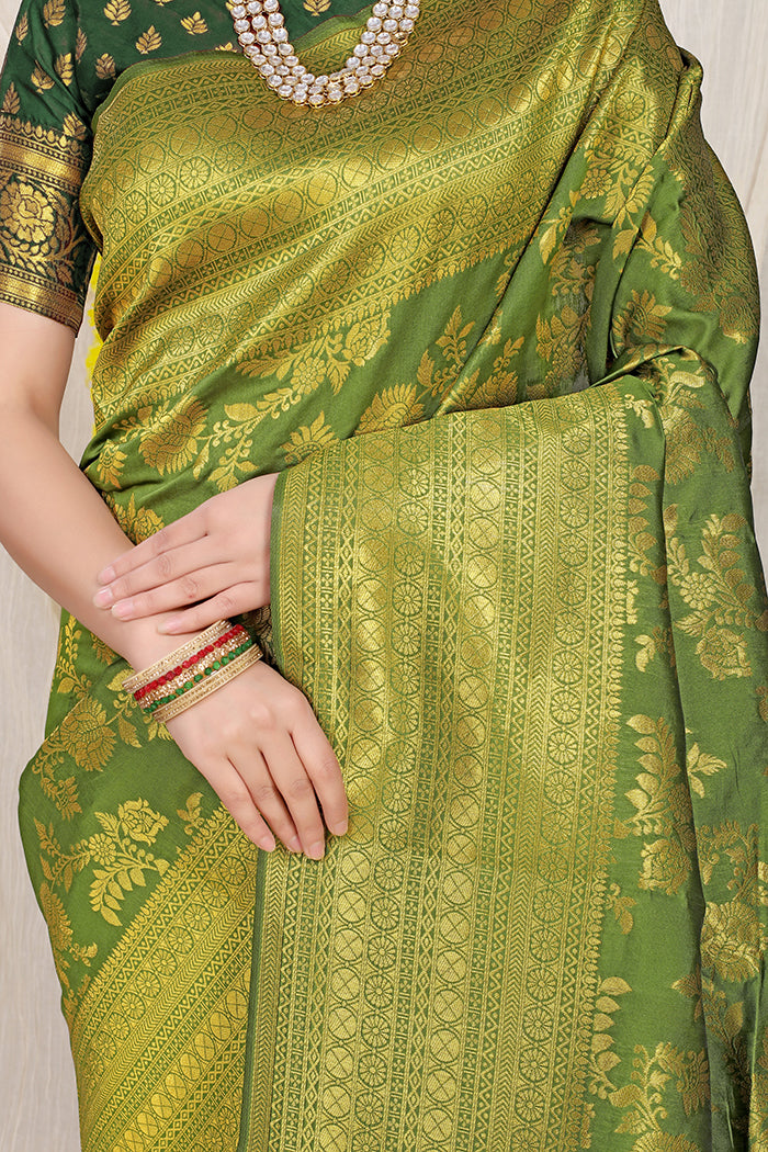 Green Banarasi Silk Saree with Rich Golden Zari Work and Brocade Pallu