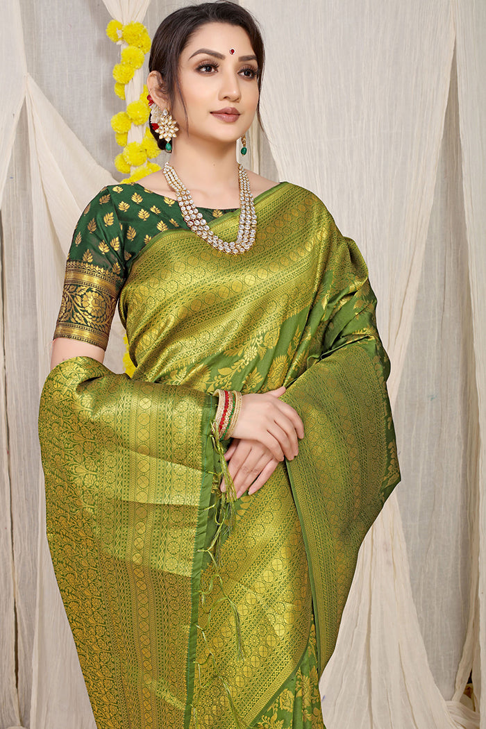 Green Banarasi Silk Saree with Rich Golden Zari Work and Brocade Pallu