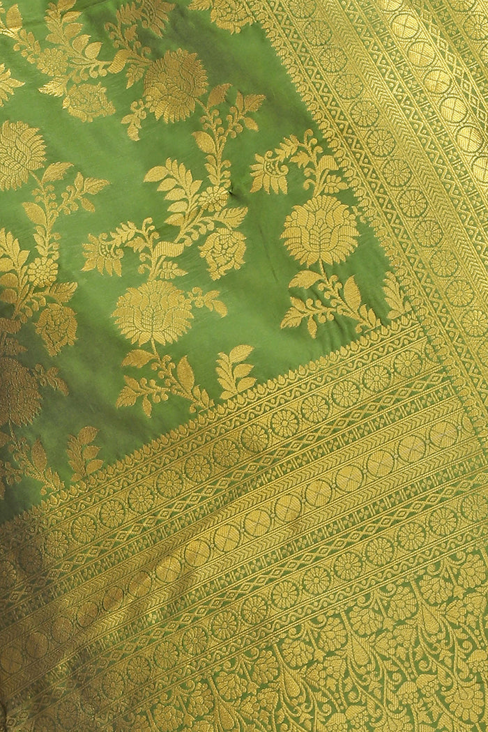 Green Banarasi Silk Saree with Rich Golden Zari Work and Brocade Pallu