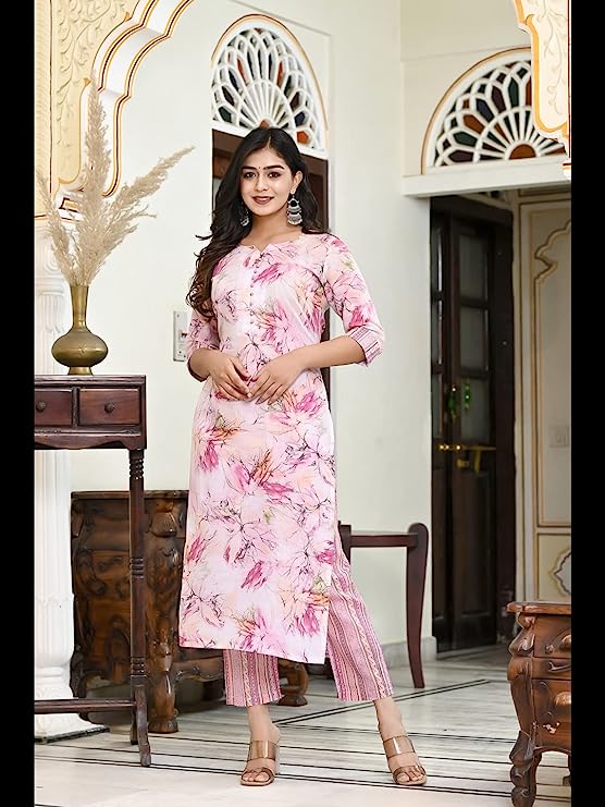 Light Pink Floral Print Cotton Premium Kurta