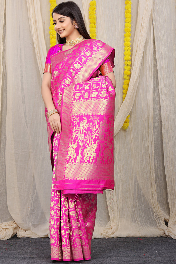 Rani Pink Banarasi Silk Saree with Golden Zari Elephant & Peacock Motifs