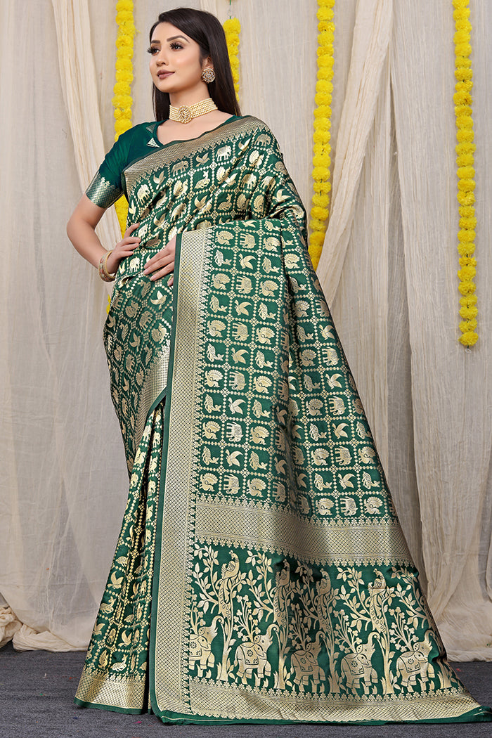 Bottle Green Banarasi Silk Saree with Golden Zari Elephant & Peacock Motifs