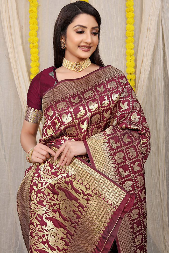 Maroon Banarasi Silk Saree with Golden Zari Elephant & Peacock Design
