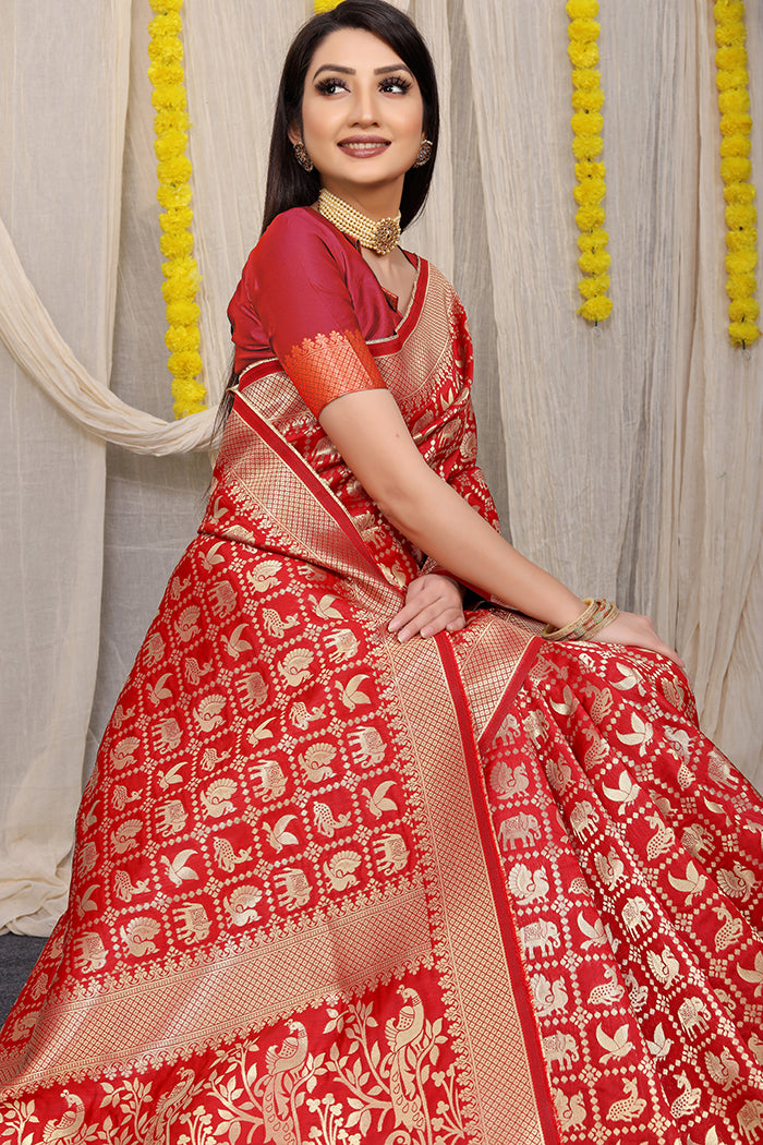 Red Banarasi Silk Saree with Gold Zari Elephant & Peacock Motifs
