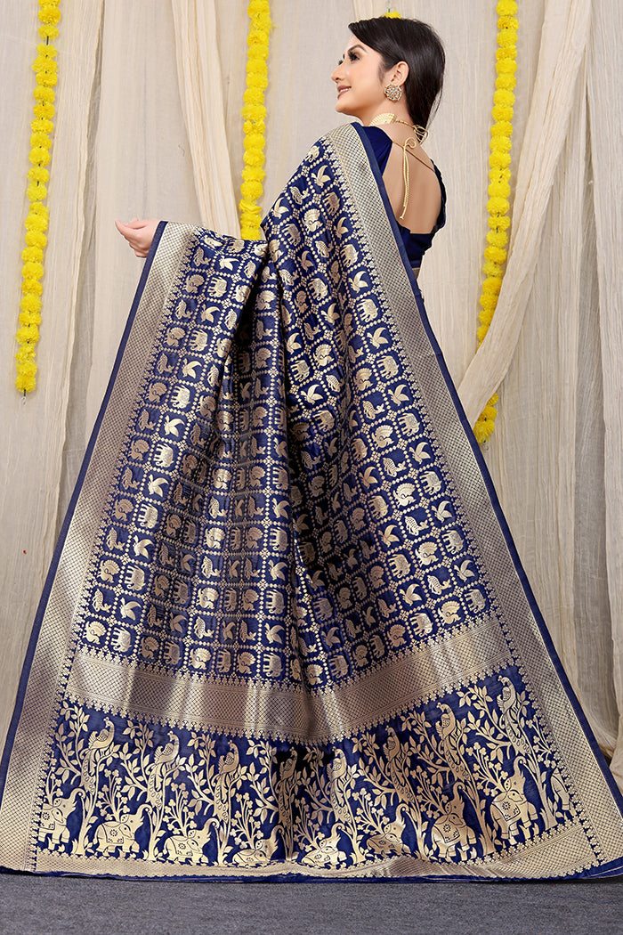 Royal Blue Banarasi Silk Saree with Golden Zari Peacock & Elephant Motifs