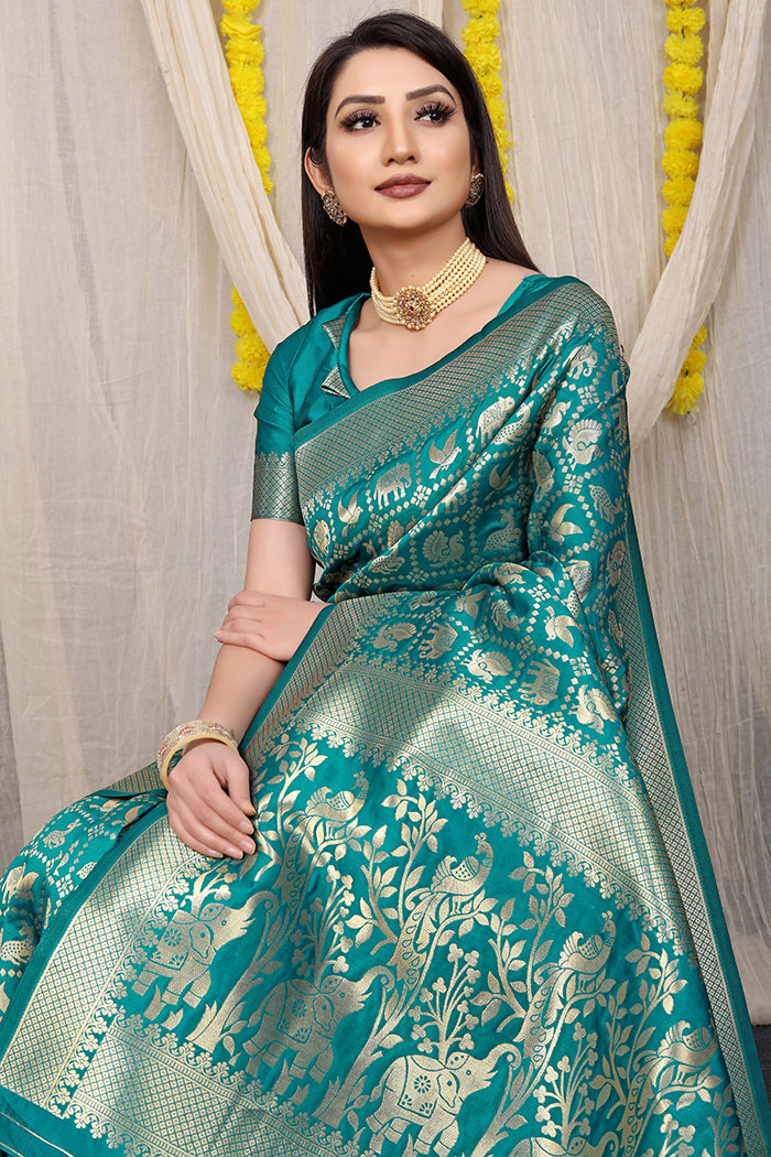 Sea Green Banarasi Silk Saree with Golden Elephant and Peacock Zari Work