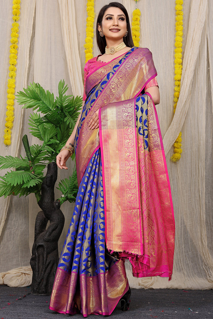 Royal Blue & Pink Kanjivaram Silk Saree with Gold Zari Weaving with blouse piece