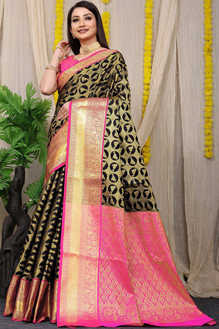 Black & Pink Kanjivaram Silk Saree with Gold Zari Weaving With blouse piece