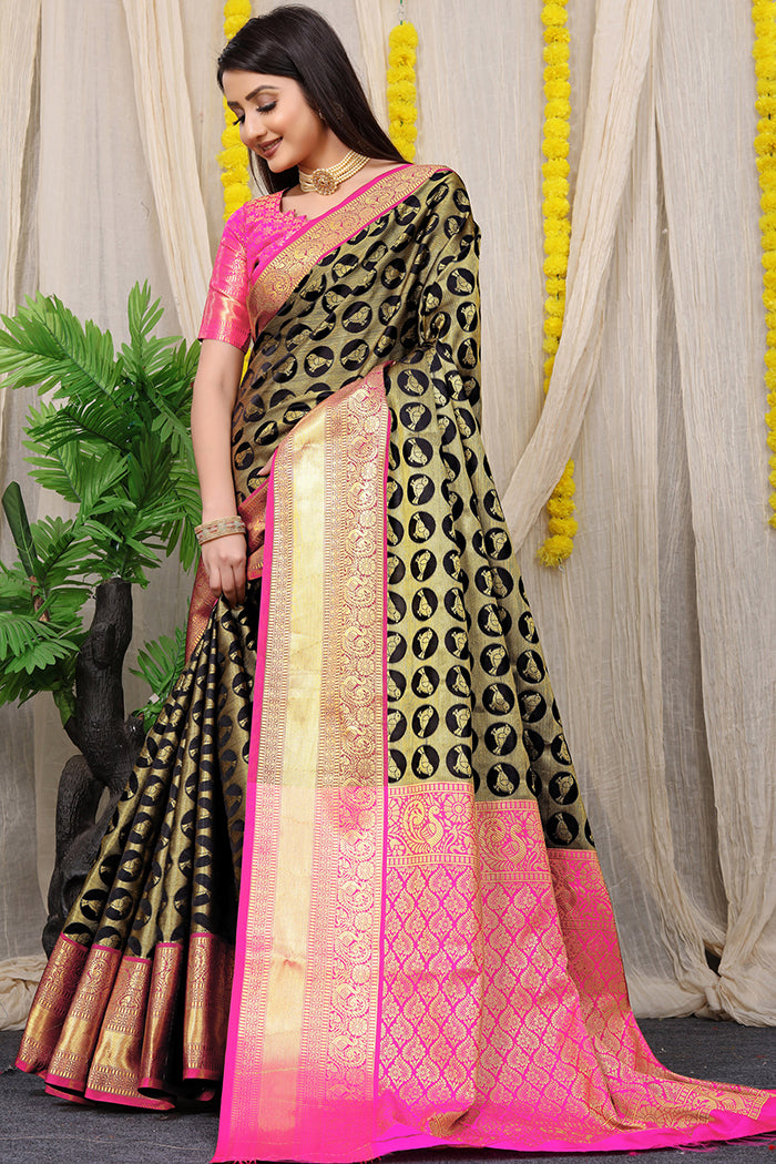 Black & Pink Kanjivaram Silk Saree with Gold Zari Weaving With blouse piece