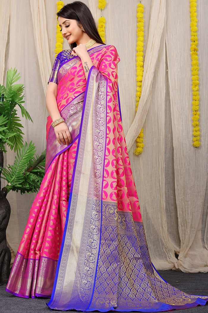 Royal Pink kanjeevaram Silk Saree with Contrasting Blue Zari Border