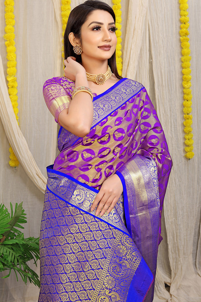 Royal Purple kanjeevaram Silk Saree with Gold Zari Work and Contrast Blue Border