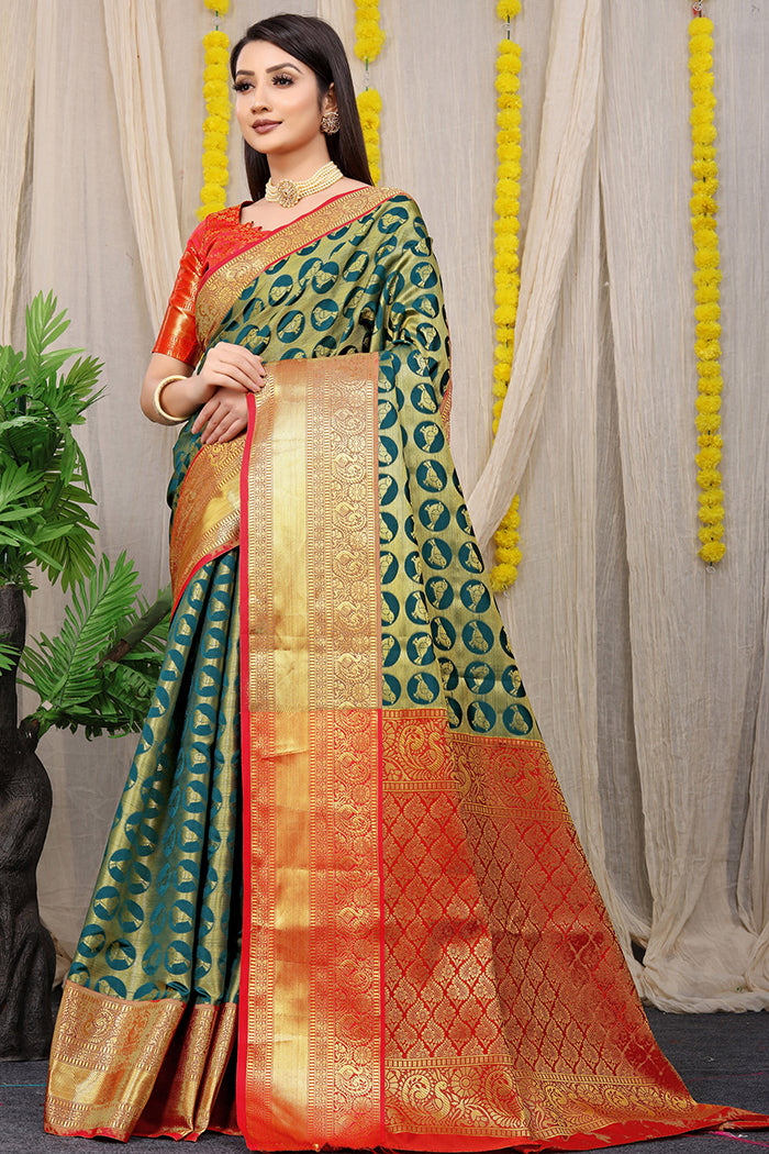 Green kanjeevaram Silk Saree with Gold Zari Weaving & Contrasting Red Border