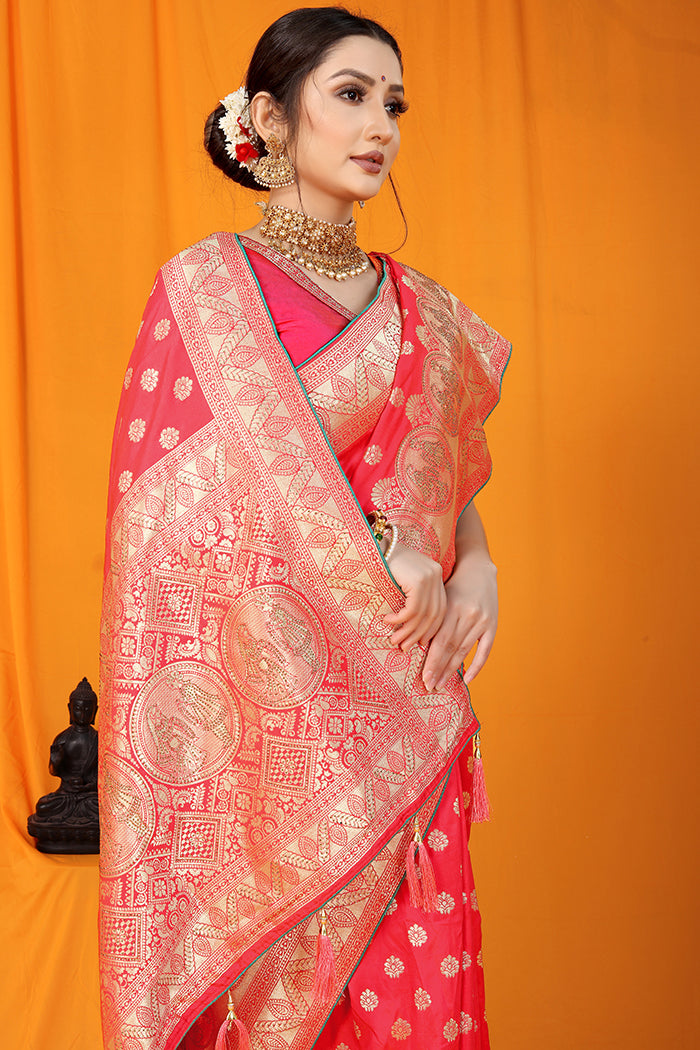 Majestic Pink Banarasi Silk Saree with Golden Zari Temple Motifs