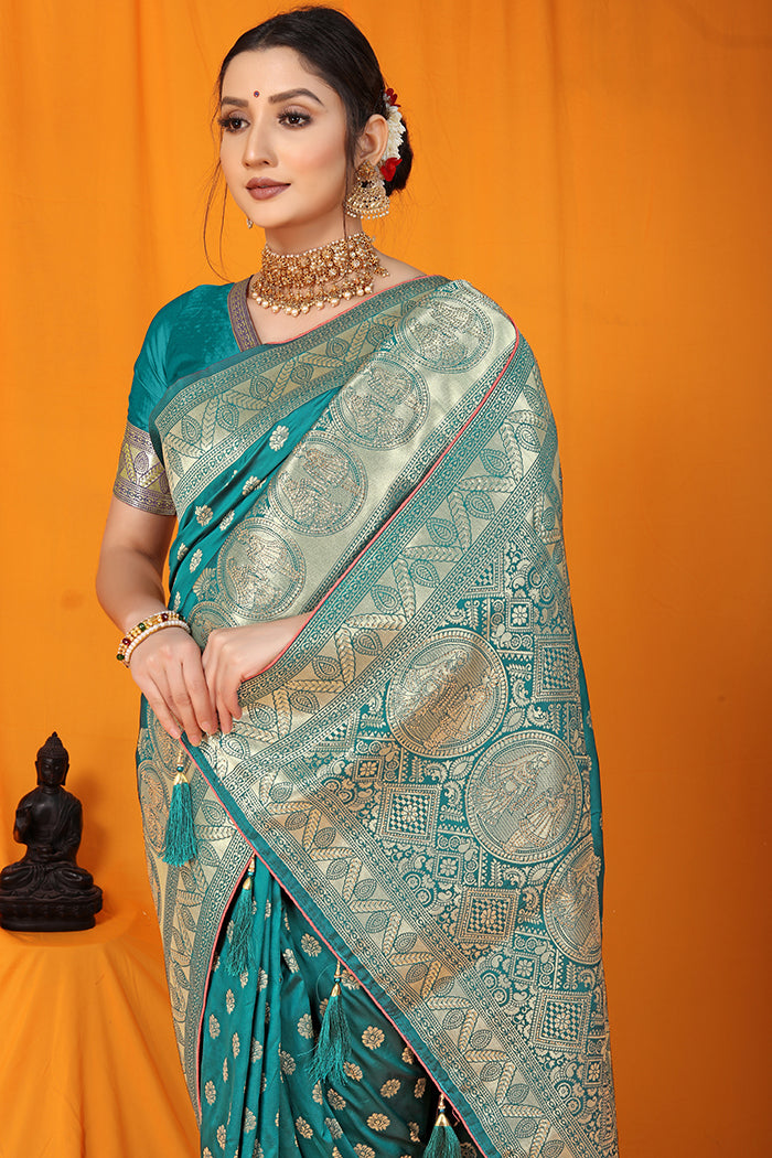 Regal Teal Green Banarasi Silk Saree with Golden Zari Temple Motifs