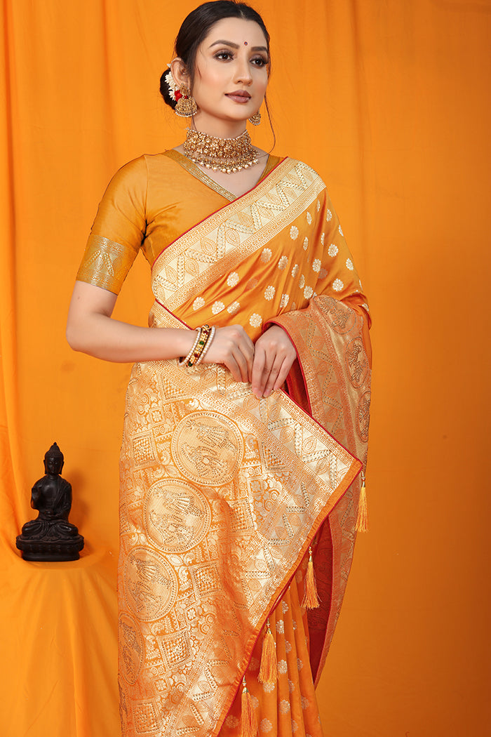 Regal Mustard Yellow Banarasi Silk Saree with Antique Zari Weaving