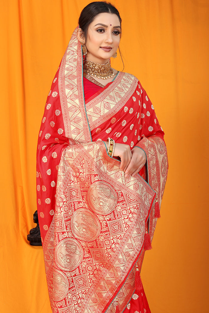 Elegant Red Banarasi Silk Saree with Traditional Gold Zari Weaving