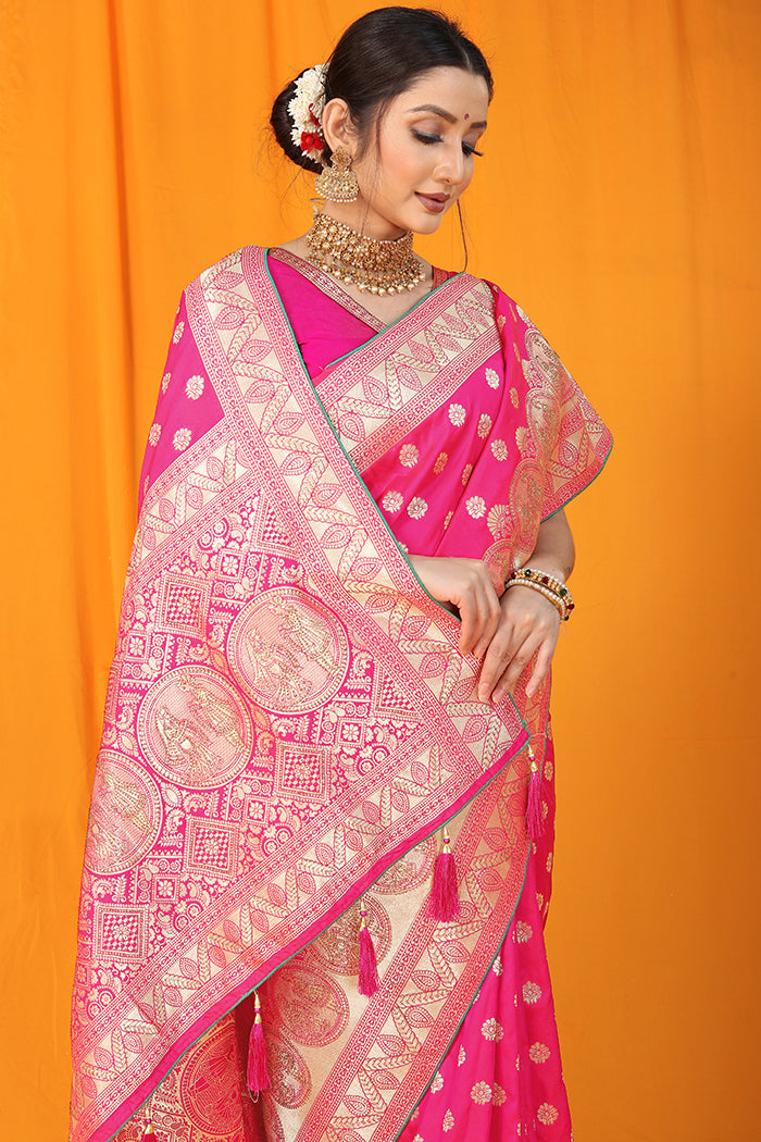 Rani Pink Banarasi Silk Saree with Heritage Gold Zari Pallu