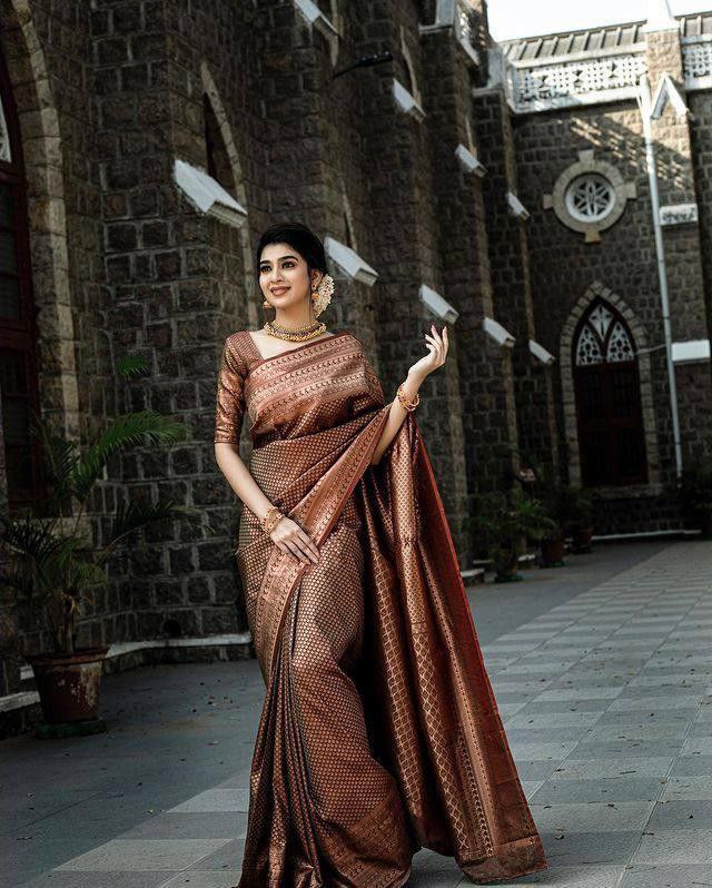 Brown Banarasi Coffee Coloured Soft Silk Saree With Copper Zari Work