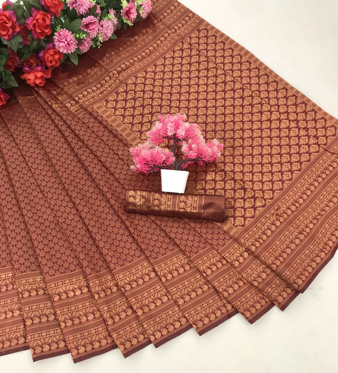 Brown Banarasi Coffee Coloured Soft Silk Saree With Copper Zari Work