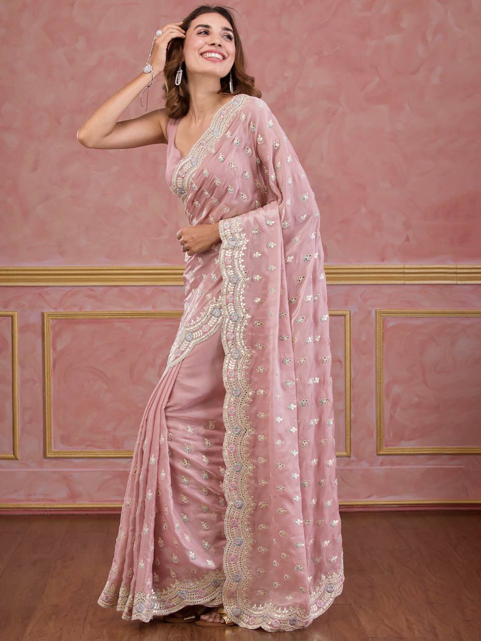 Pink Colour Silk Organza Designer Saree For Women