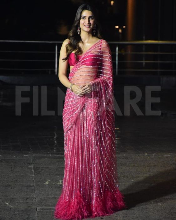 Bollywood Style Butterfly Net Saree With Lace Work For Women