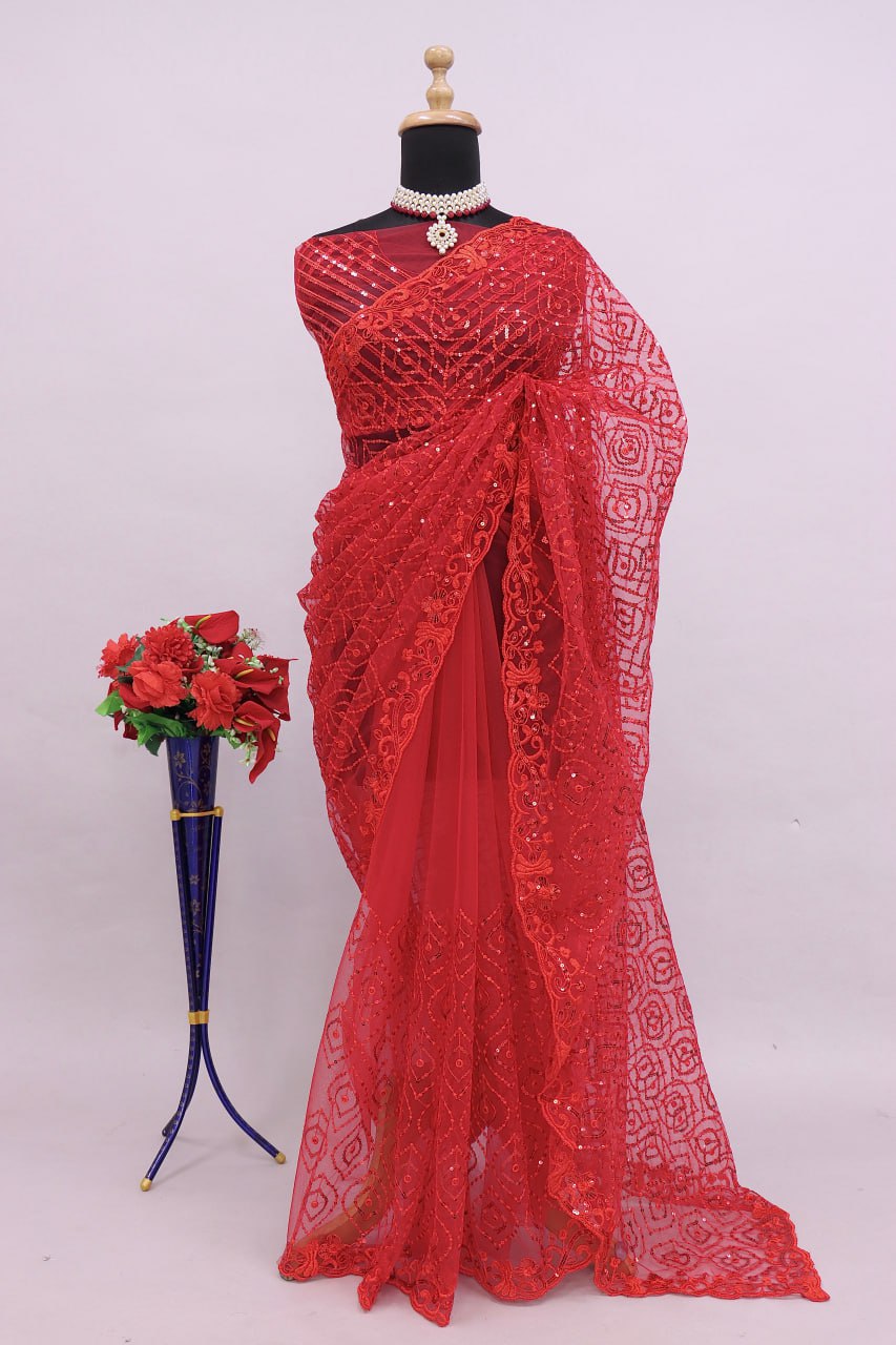 Beautiful soft net red saree for women