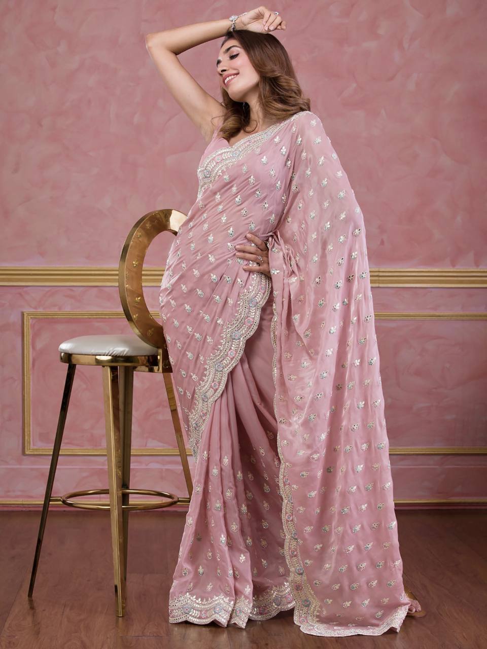 Pink Colour Silk Organza Designer Saree For Women