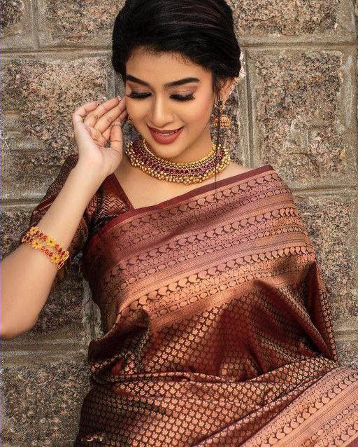 Brown Banarasi Coffee Coloured Soft Silk Saree With Copper Zari Work