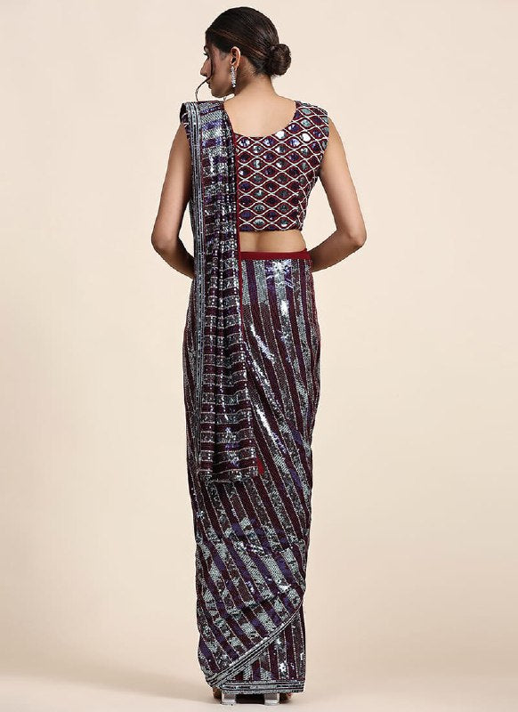 Silver Maroon Pure Georgette Sequins Party Style Saree For Women