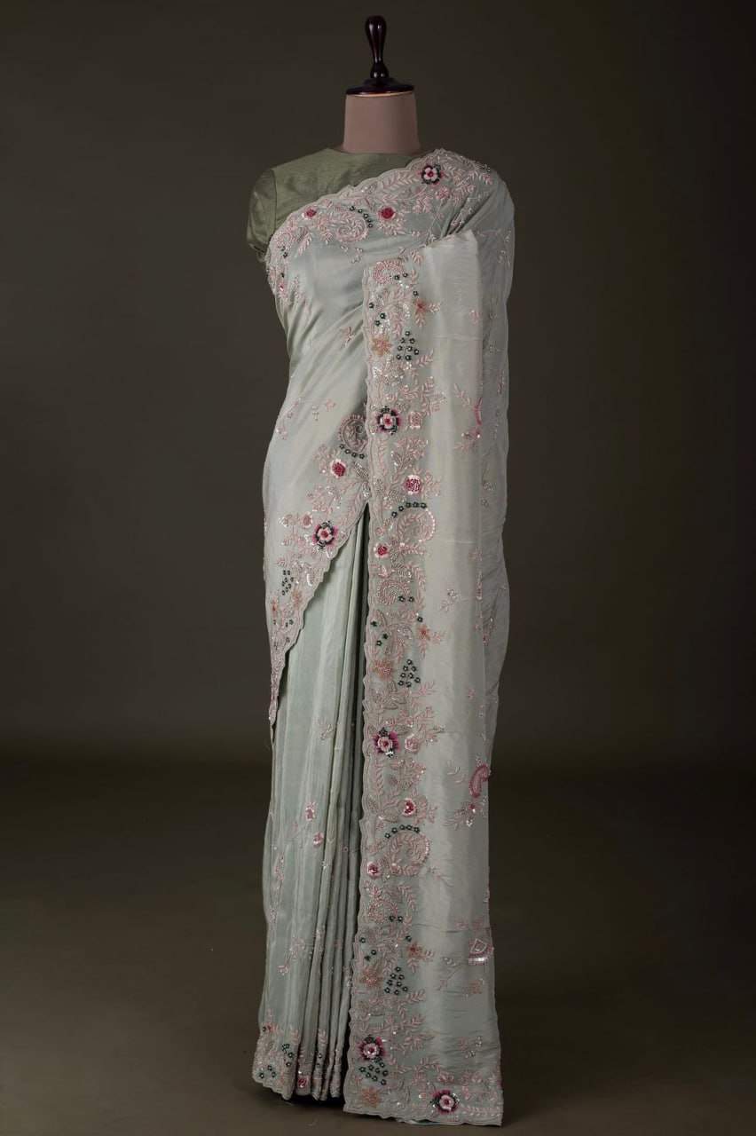 Silk Fabric With Sequins Embroidery work Saree For Women