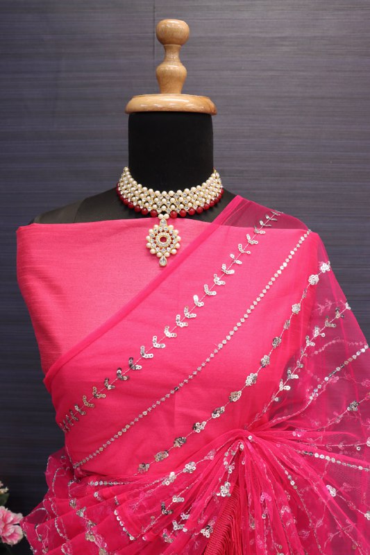 Bollywood Style Butterfly Net Saree With Lace Work For Women