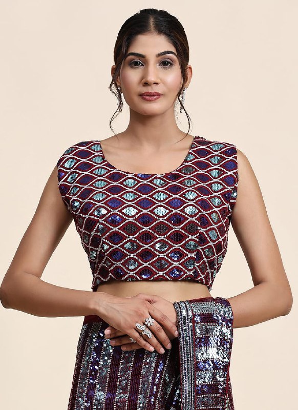 Silver Maroon Pure Georgette Sequins Party Style Saree For Women
