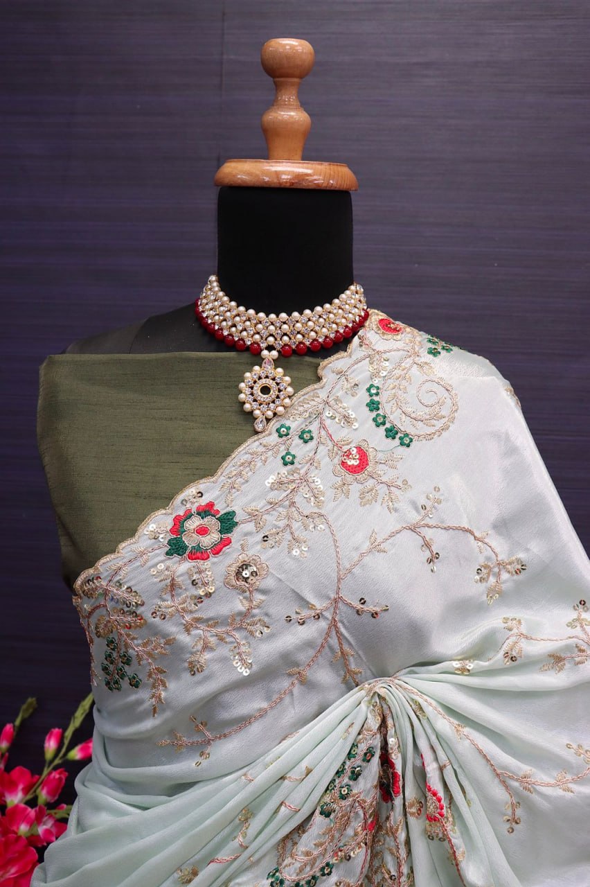 Silk Fabric With Sequins Embroidery work Saree For Women