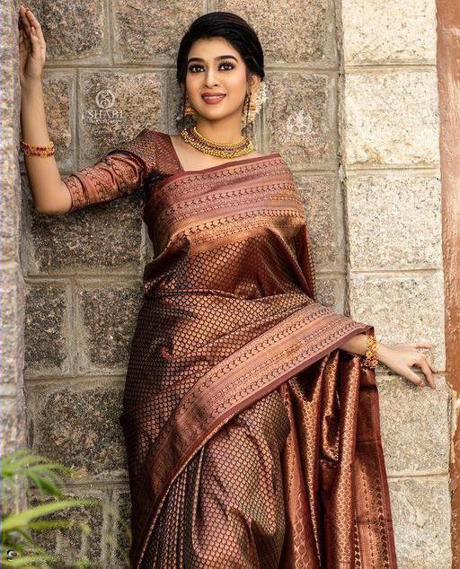 Brown Banarasi Coffee Coloured Soft Silk Saree With Copper Zari Work